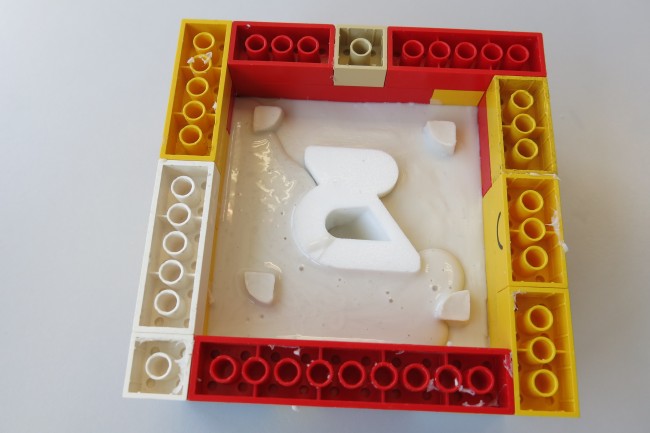 View if the Lego frame while making the second part of the silicon mold