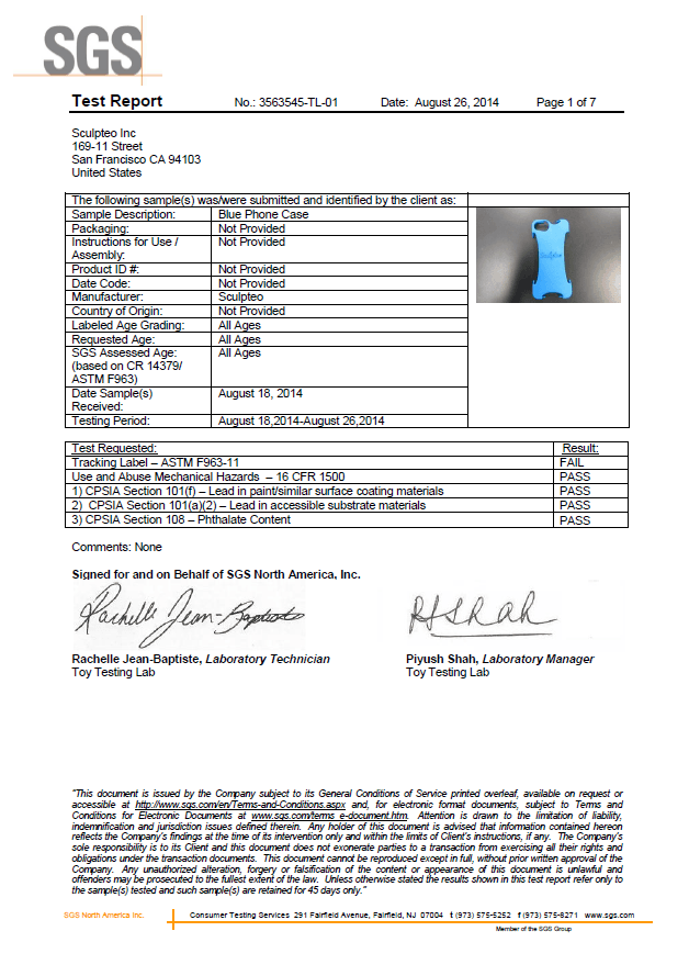 SGS Report for 3D printed case