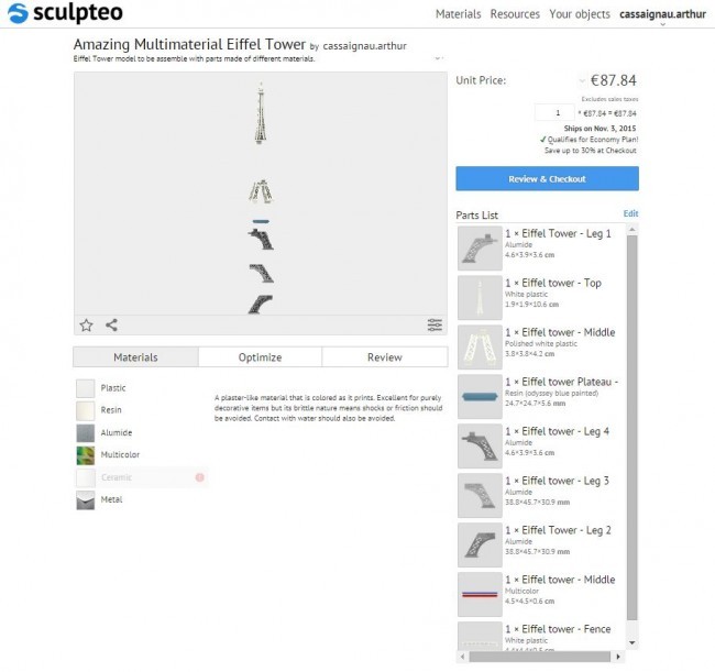 Printpage of the new multimaterial 3D printing feature list of items and scale selection