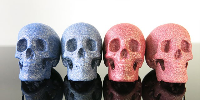 3D printed skulls in polished and colored Alumide