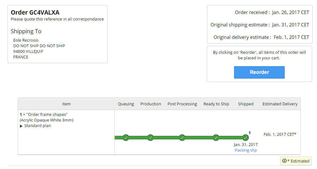 Order tracking reorder Sculpteo