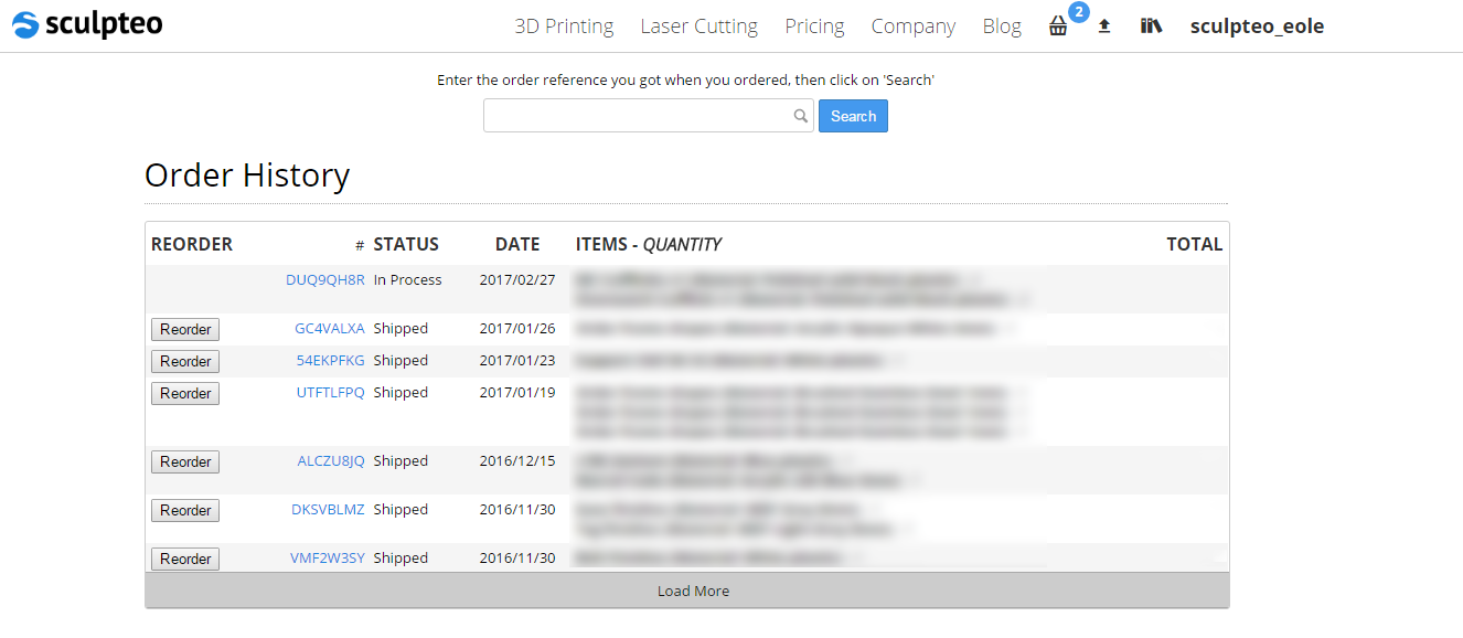 Sculpteo Reorder History