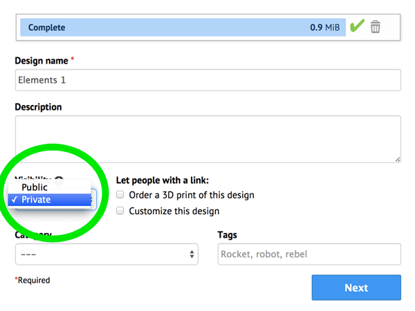 Uploading 3D printing file private or public selection box