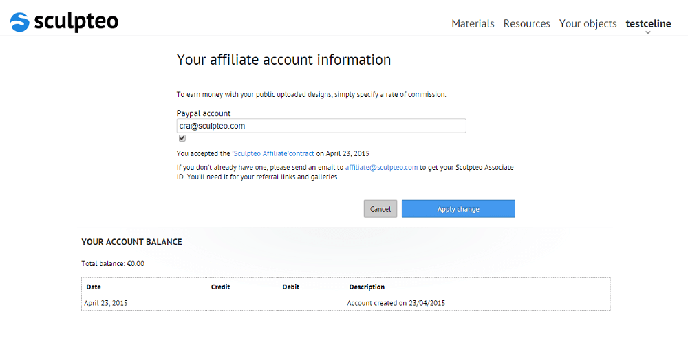 Affiliation page: where you can follow your ordered 3D printed objects