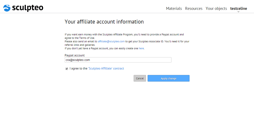 Affiliation page: affiliation sign up page to use our 3D printing services
